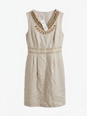 Basler Linen Blend Beaded V-Neck Shift Dress Size 42/ US 8